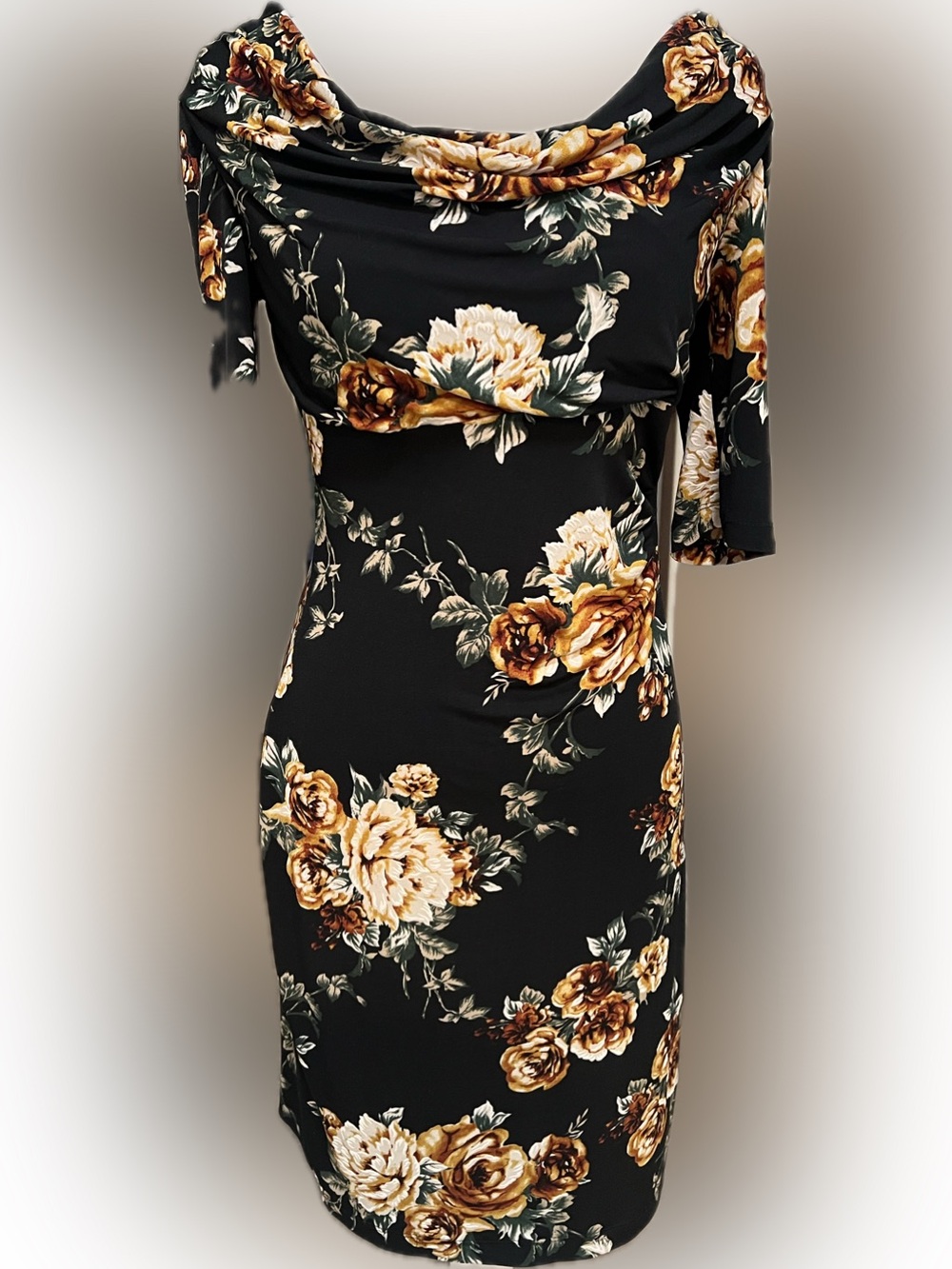 connected apparel Black Midi Dress with Golden Rose Floral Print